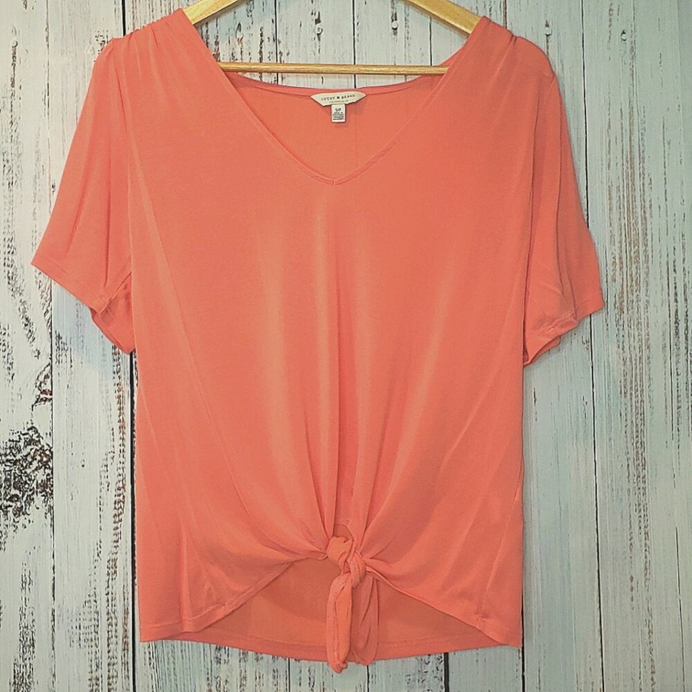 EUC Lucky Brand coral peach pink tie front gathered sleeved light weight top SzS